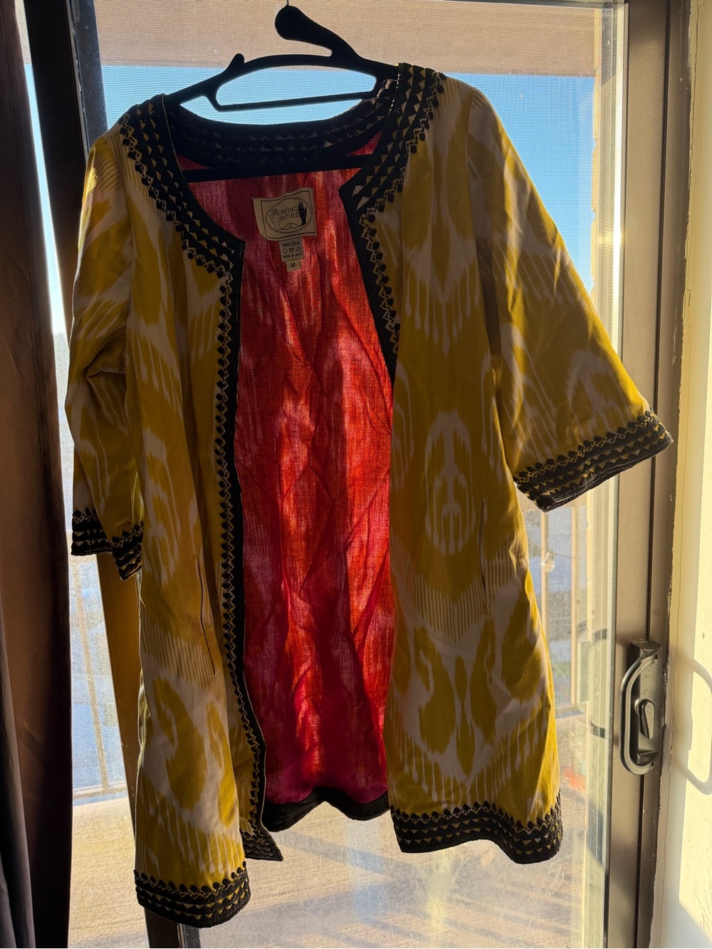 Yellow Patterned Women's Tunic Jacket with Black Trim